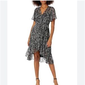 Calvin Klein Black White Chiffon Paisley Floral Hi Low Ruffle Faux Wrap Dress